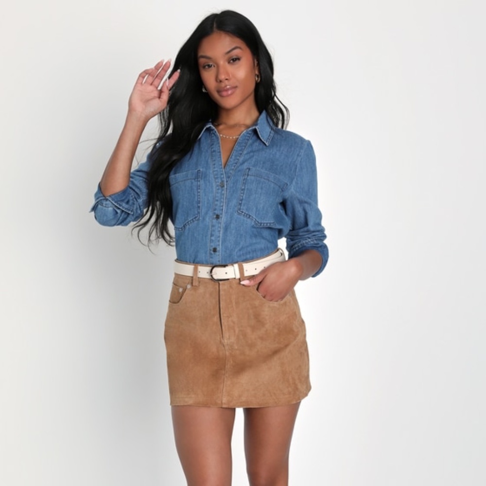 Lulus Daily Design Medium Wash Chambray Long Sleeve Shirt Blue - Size S
